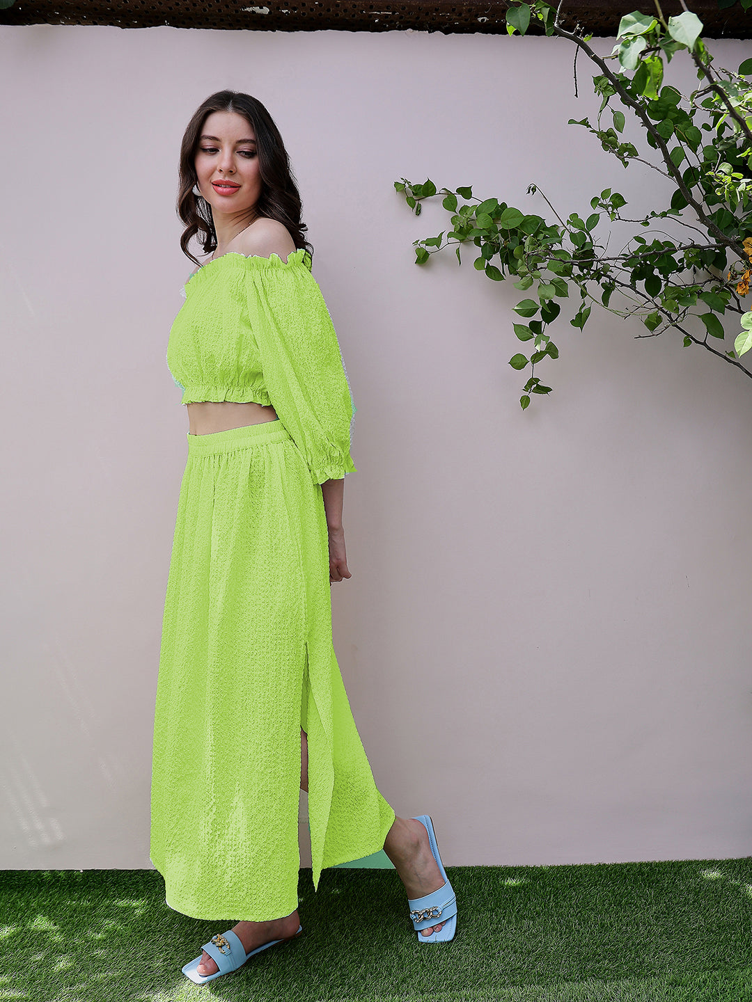 Athena Off-Shoulder Puff Sleeves Regular Textured Crop Top