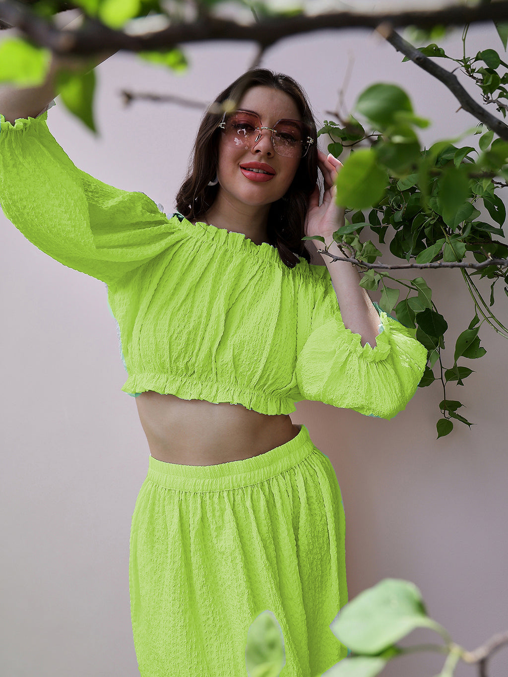 Athena Off-Shoulder Puff Sleeves Regular Textured Crop Top