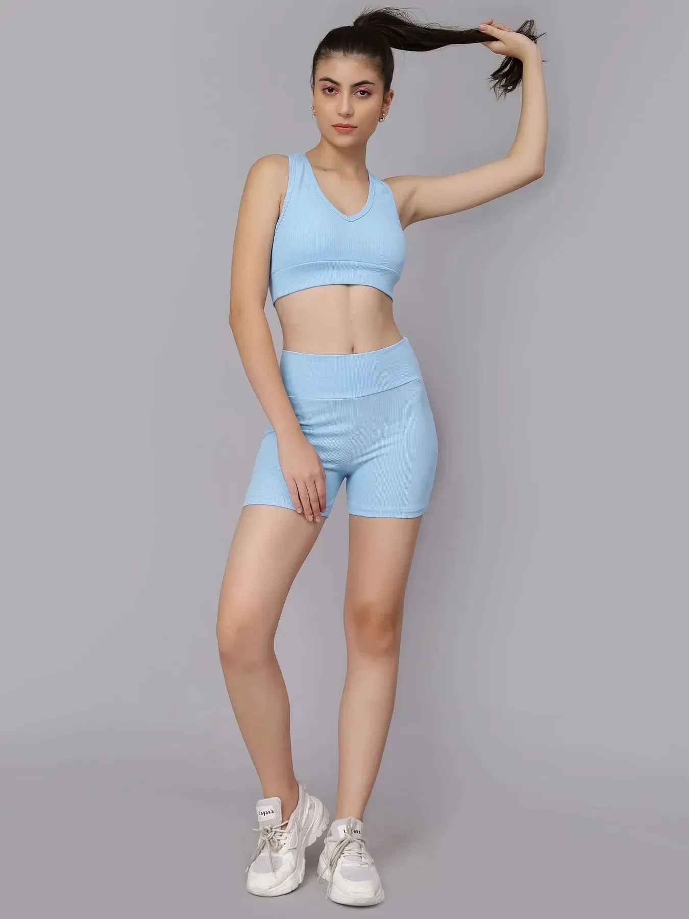 Rib Knit Two Piece Athleisure Set - Blue