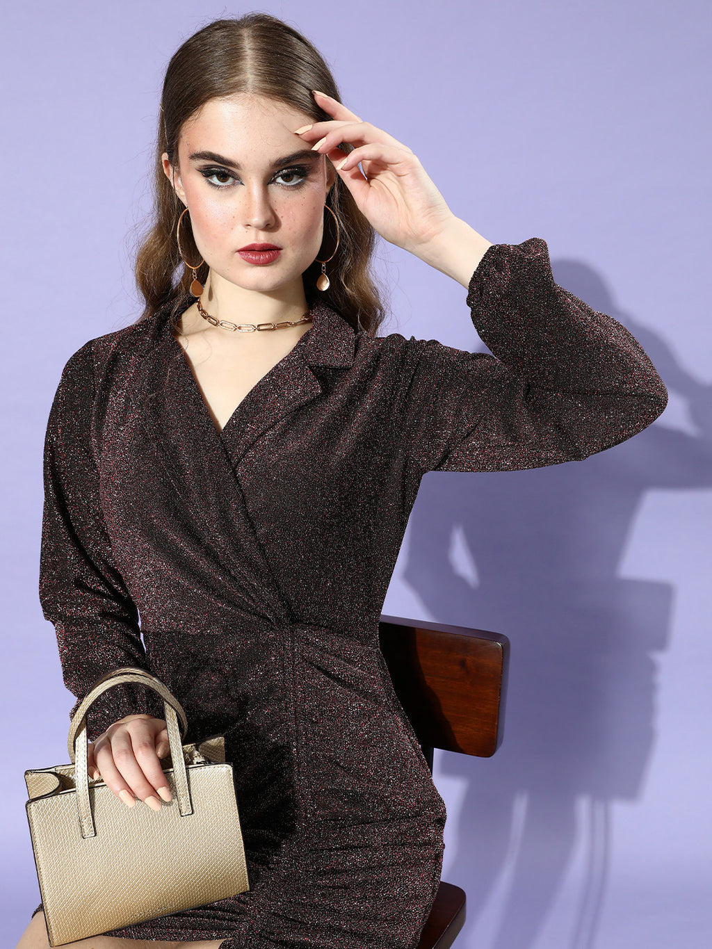 Athena Maroon Lapel Collar Blingy Dress