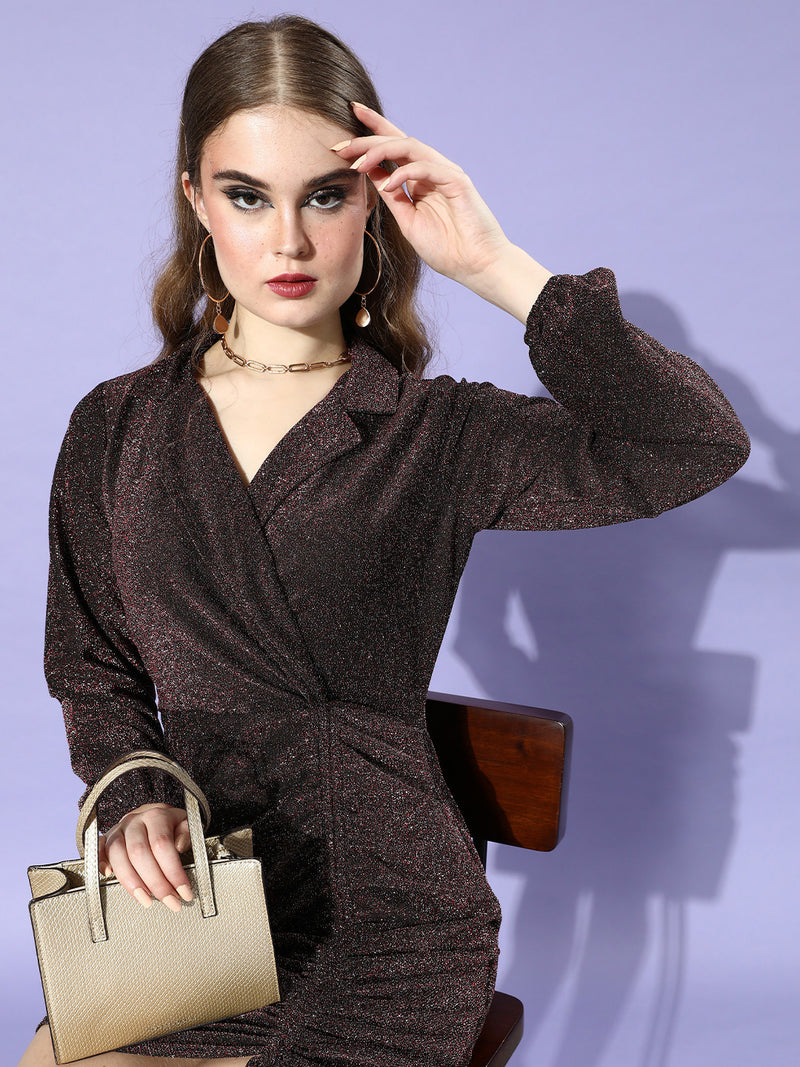 Athena Maroon Lapel Collar Blingy Dress
