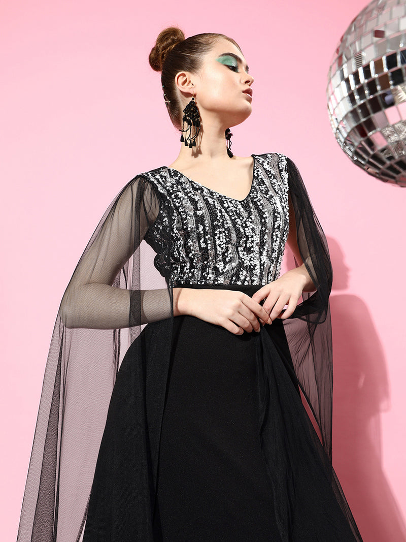 Athena Black Silver Coloured Embellished Sequin Cape Sleeves Net Maxi Dress