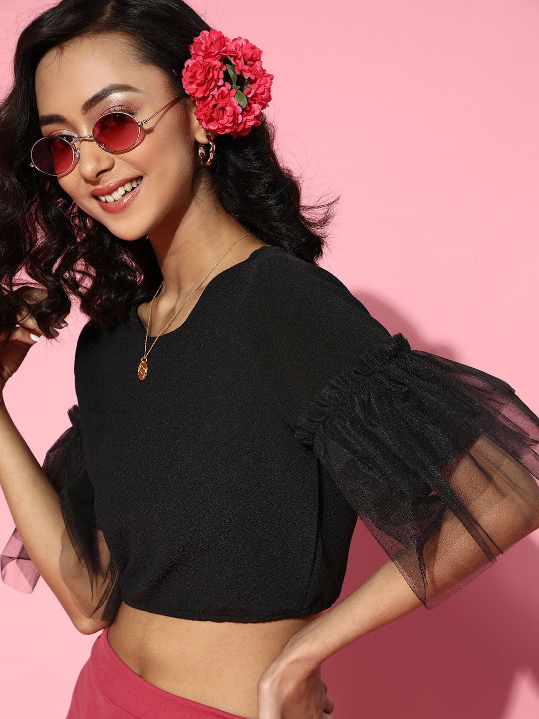 Athena Black frill sleeve tee top