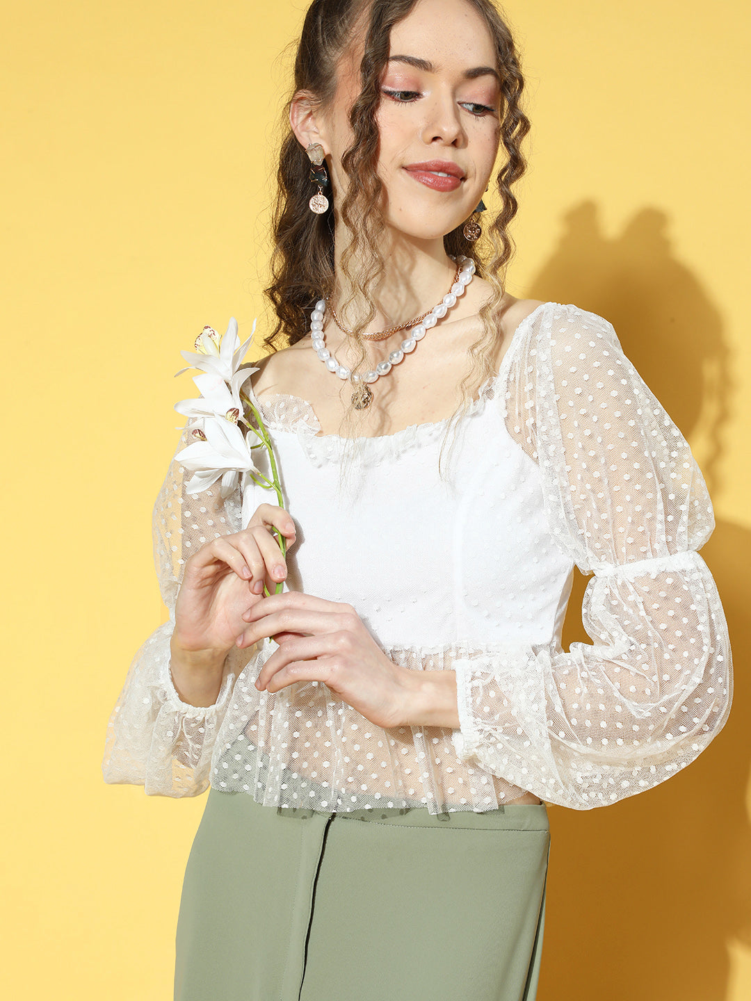 Athena White Full-Sleeve Dobby Sheer Top