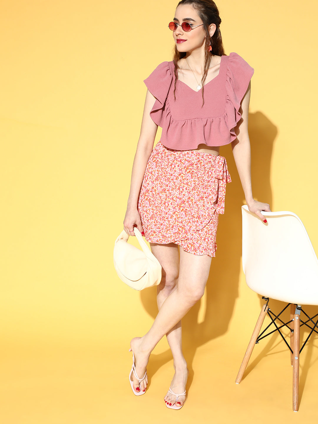 Athena Women Rose Solid Ruffled Top