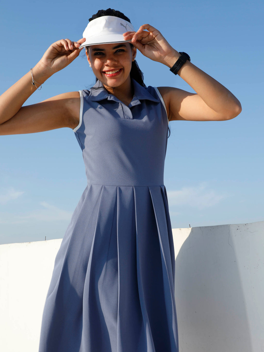 Athena Blue Solid Fit & Flare Dress