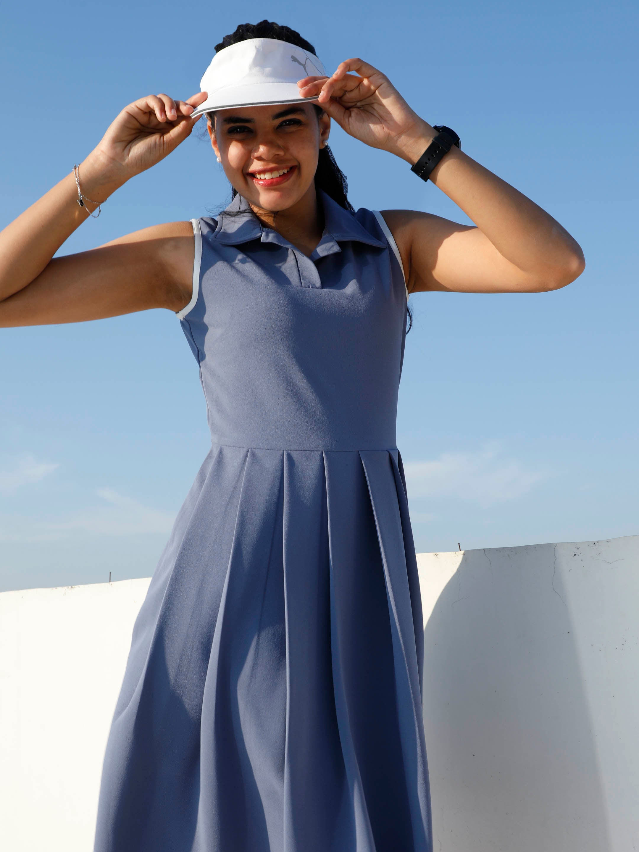 Athena Blue Solid Fit & Flare Dress