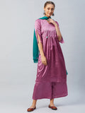Athena Women Purple Pleated Mirror Work Kurta With Palazzos Dupatta