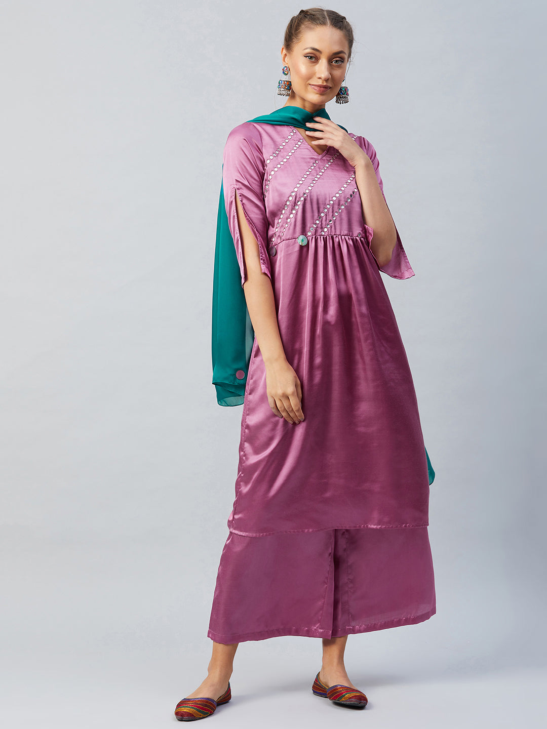Athena Women Purple Pleated Mirror Work Kurta With Palazzos Dupatta