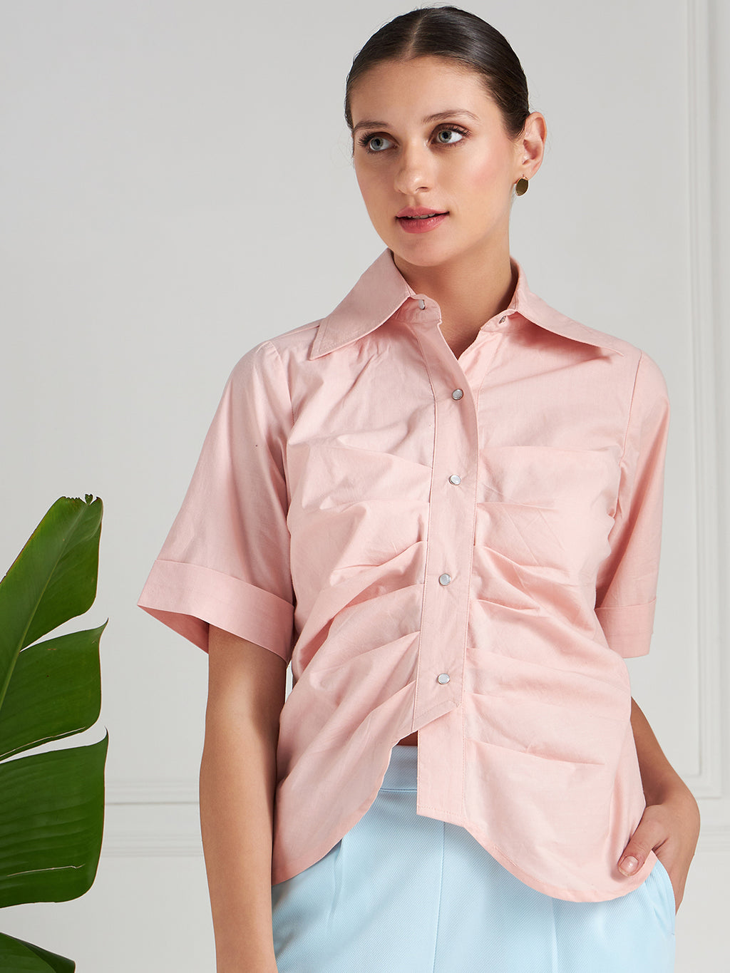 Athena Green Pleated Pure Cotton Shirt Style Top
