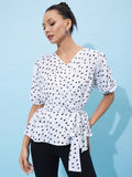 Athena V-Neck Polka Dot Printed Tie Up Puff Sleeve Top