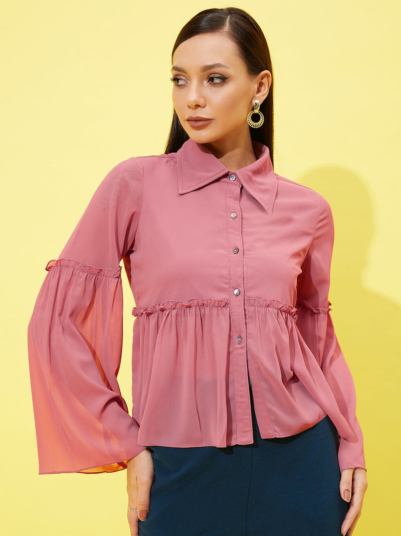 Athena Bell-Sleeve Ruffled Shirt-Style Top