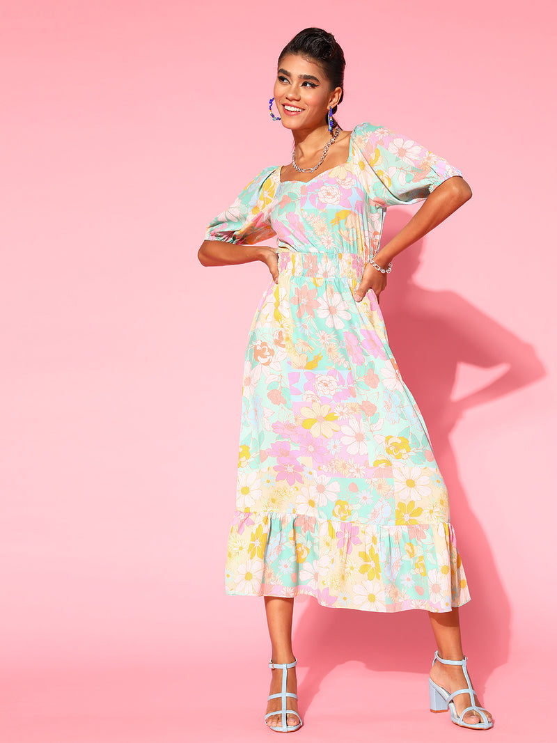 Athena Women Elegant Yellow Floral Sun Dress