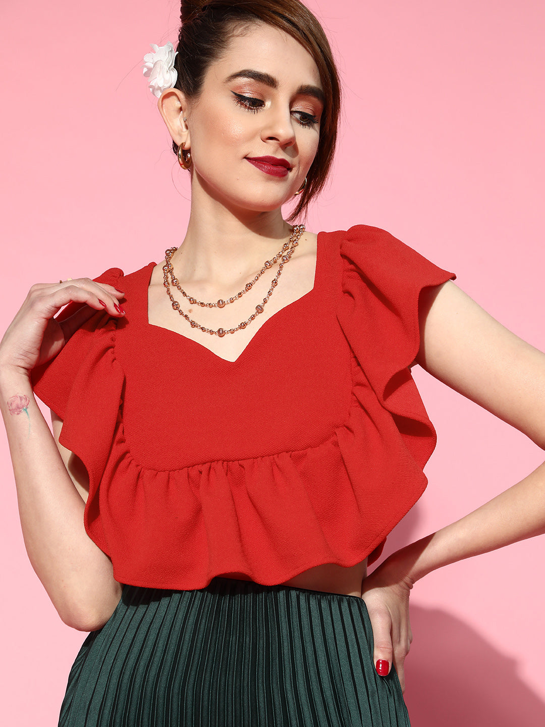 Athena Women Gorgeous Red Solid Ruffled Top