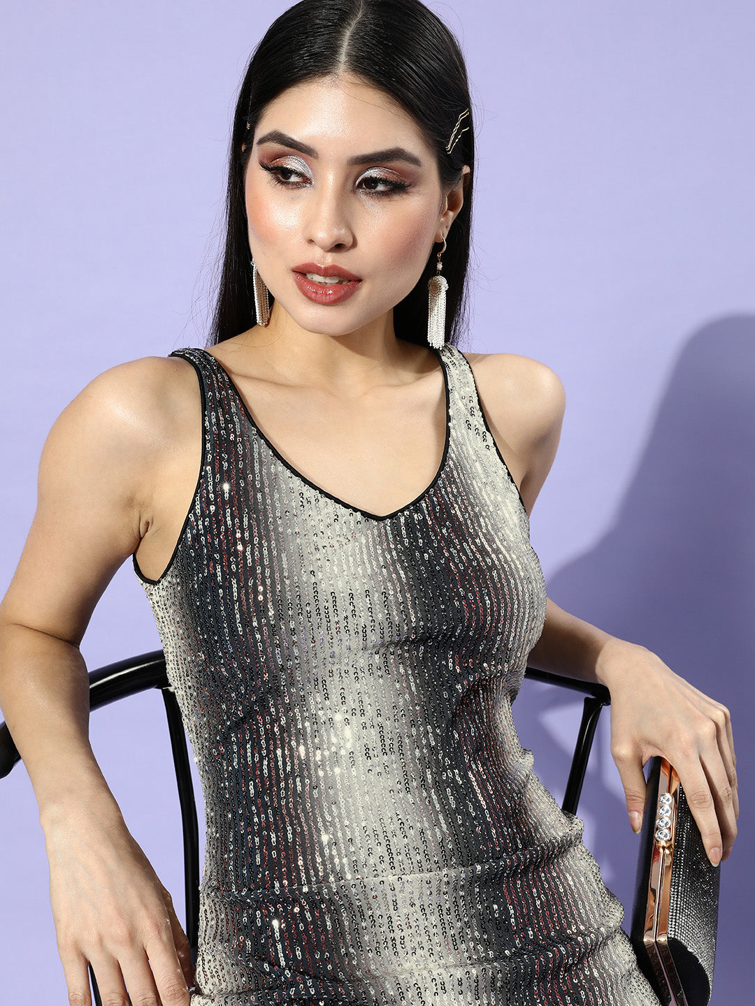 Athena Women Alluring Grey Embellished Bling And Sparkly Dress