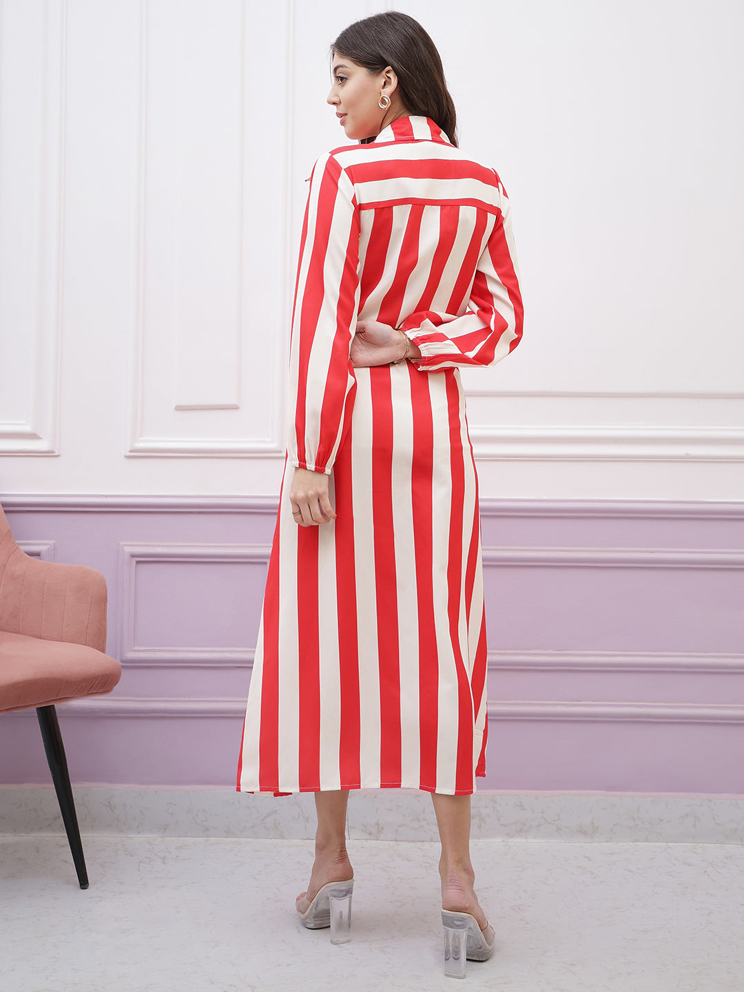Athena Immutable Striped Shirt-Collar Long-Sleeves Tie Ups Wrap Midi Dress