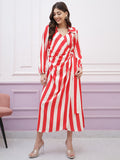 Athena Immutable Striped Shirt-Collar Long-Sleeves Tie Ups Wrap Midi Dress