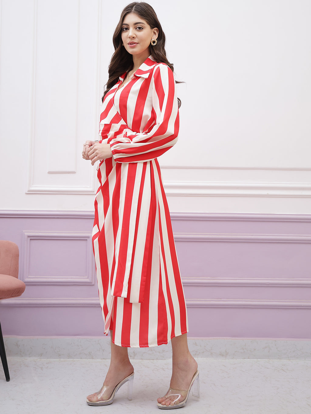 Athena Immutable Striped Shirt-Collar Long-Sleeves Tie Ups Wrap Midi Dress