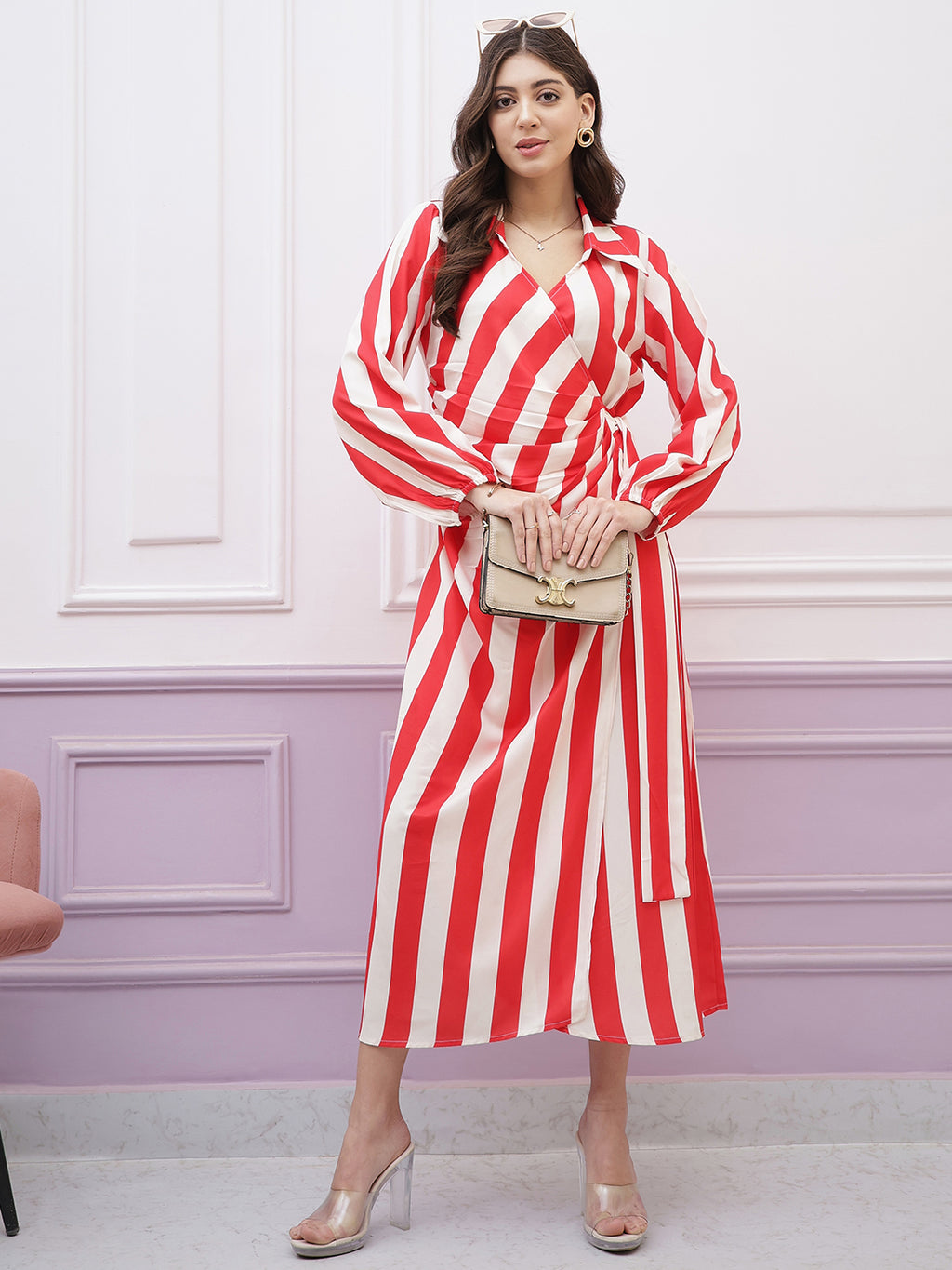 Athena Immutable Striped Shirt-Collar Long-Sleeves Tie Ups Wrap Midi Dress