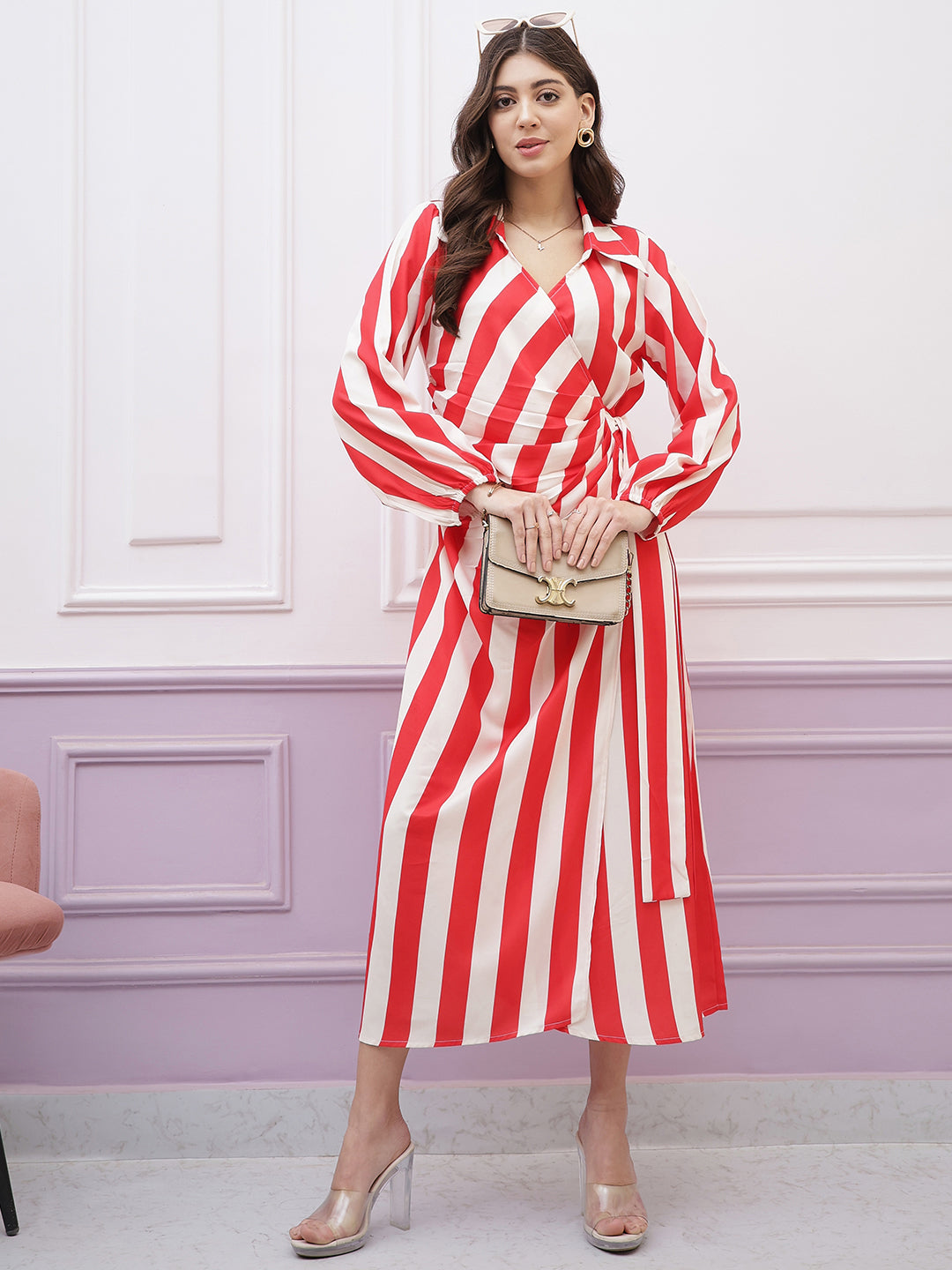 Athena Immutable Striped Shirt-Collar Long-Sleeves Tie Ups Wrap Midi Dress