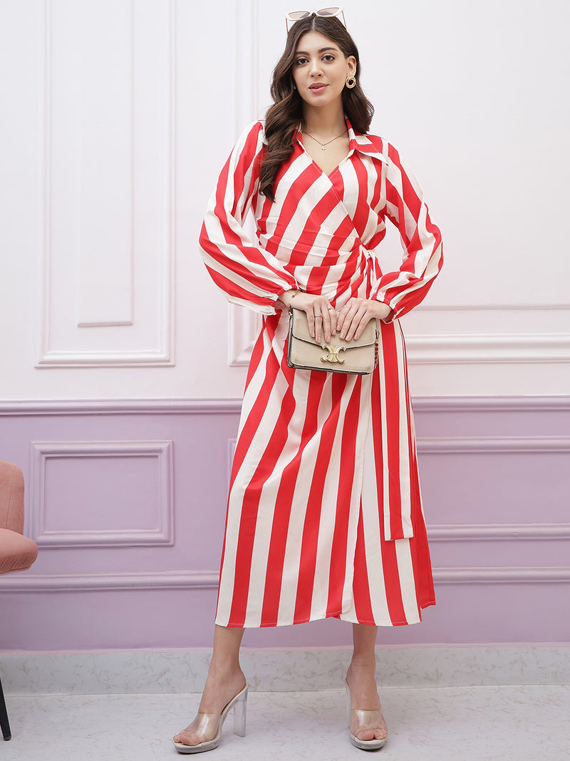 Athena Immutable Striped Shirt-Collar Long-Sleeves Tie Ups Wrap Midi Dress