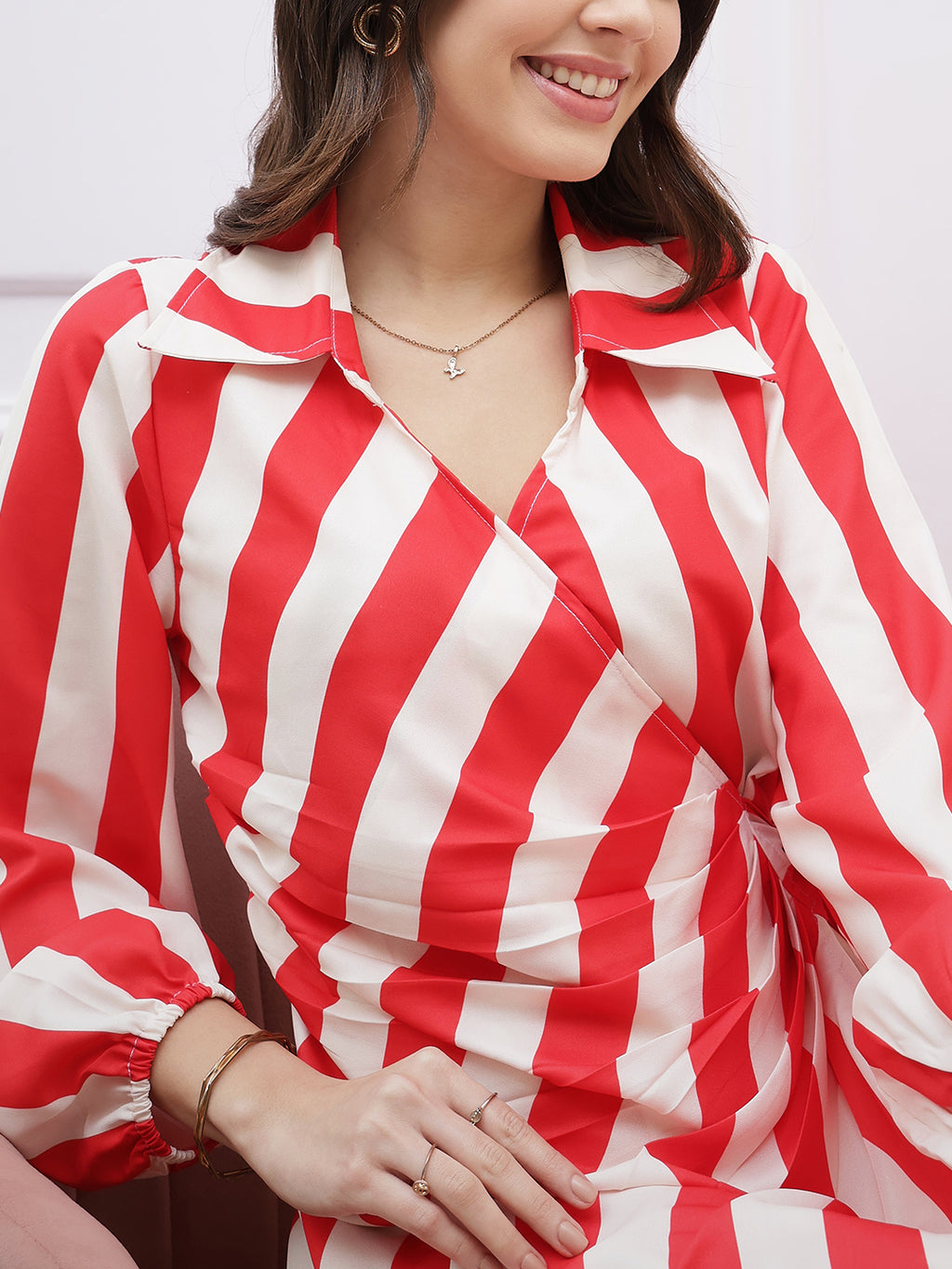 Athena Immutable Striped Shirt-Collar Long-Sleeves Tie Ups Wrap Midi Dress