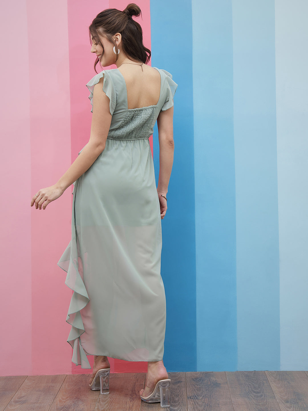 Athena Green Square-Neck Flutter-Sleeves Ruffles Detailed Maxi Dress