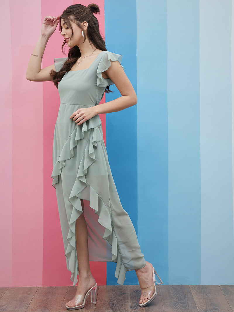 Athena Green Square-Neck Flutter-Sleeves Ruffles Detailed Maxi Dress