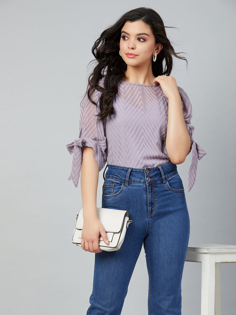 Athena Lavender Self-Design Puff Sleeves Dobby Top