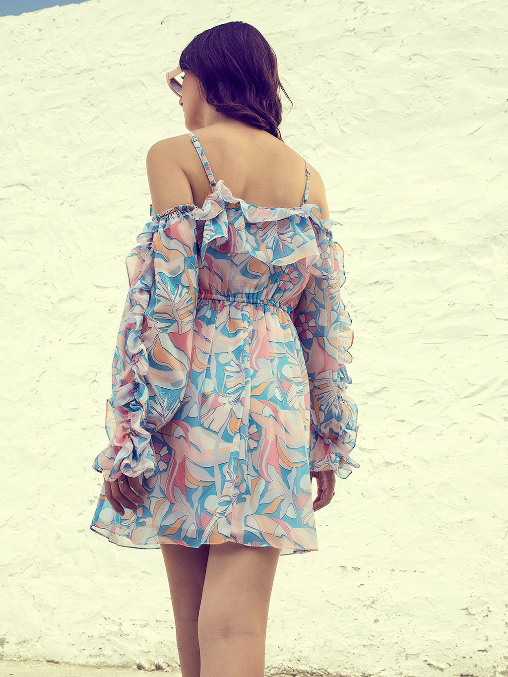 Athena Floral Print Flared Sleeve Ruffled Georgette Fit & Flare Dress