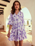 Athena Lavender Floral Printed Flared Sleeves Lace Up Fit & Flare Mini-Dress