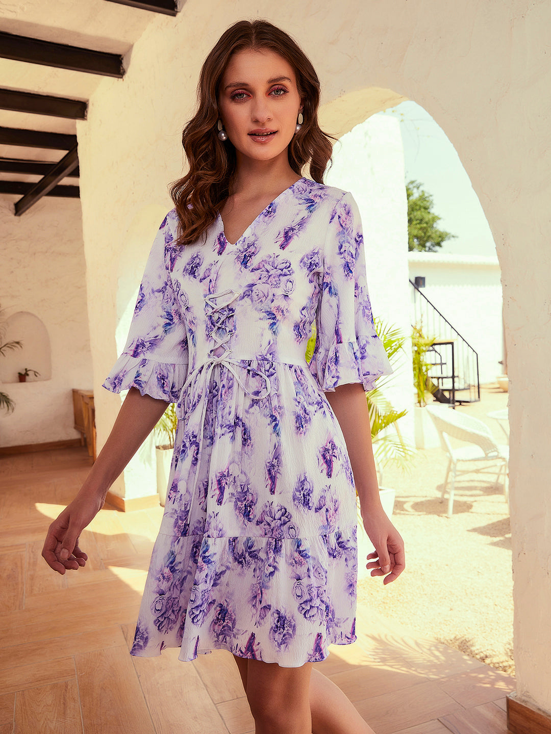Athena Lavender Floral Printed Flared Sleeves Lace Up Fit & Flare Mini-Dress