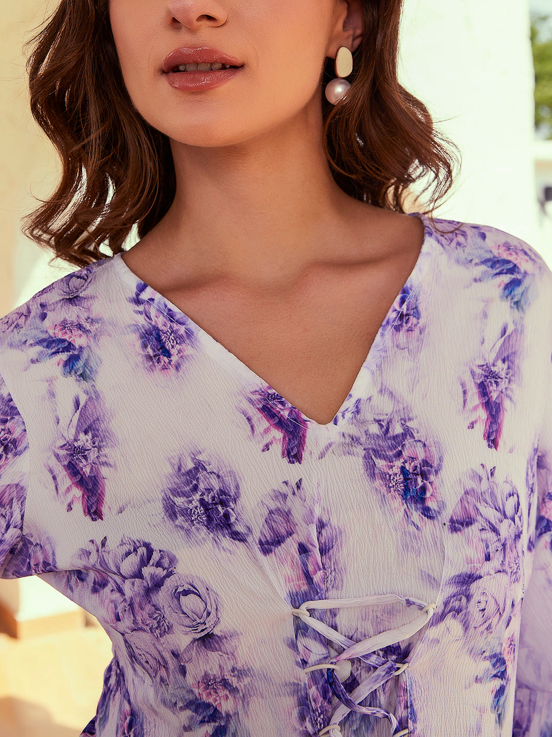 Athena Lavender Floral Printed Flared Sleeves Lace Up Fit & Flare Mini-Dress