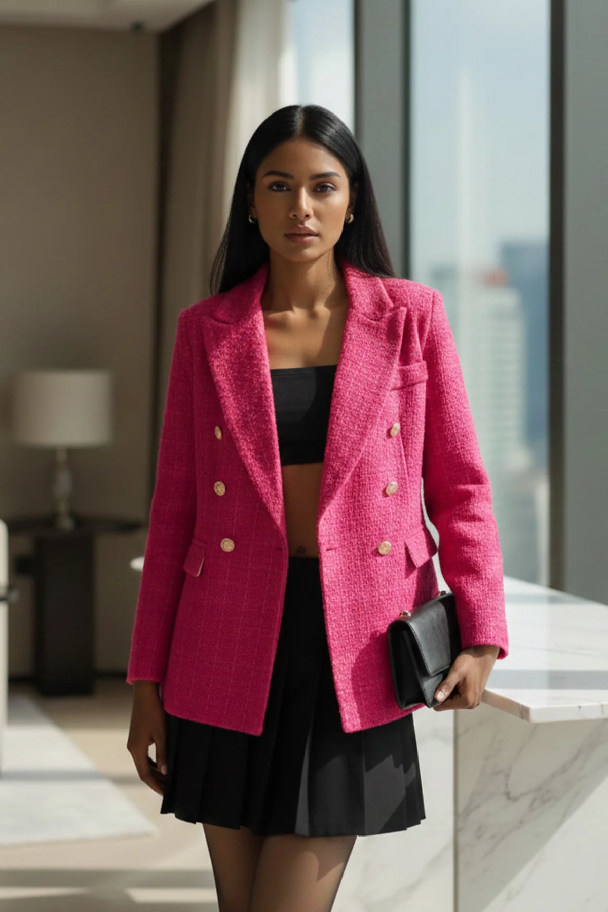 Plaid Tweed Blazer - Fuschia