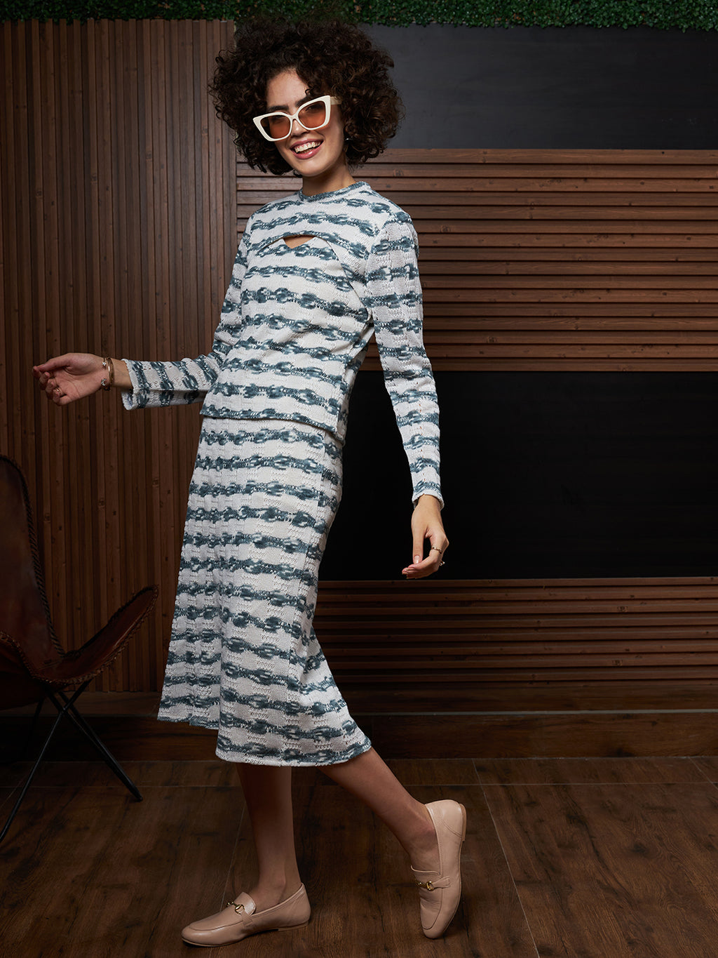 Athena Teal Blue Self-Design Top With Skirt Co-Ords