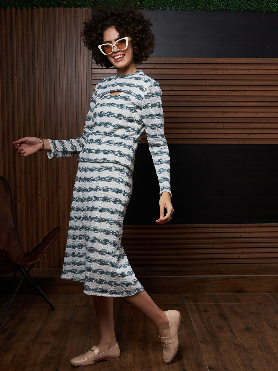 Athena Teal Blue Self-Design Top With Skirt Co-Ords