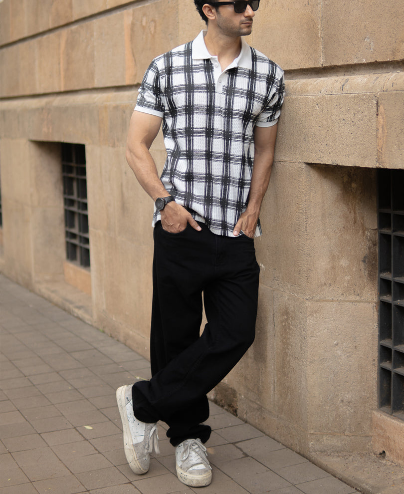 Black And White Printed Checks T-Shirt - Black