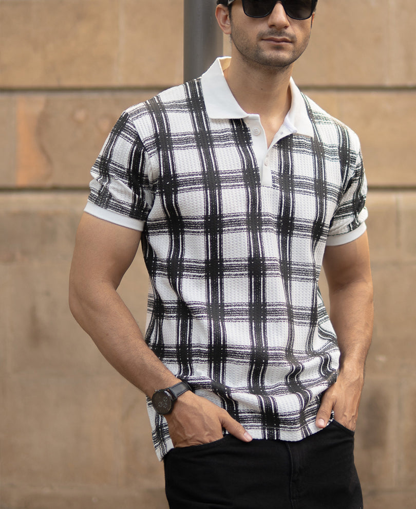 Black And White Printed Checks T-Shirt - Black