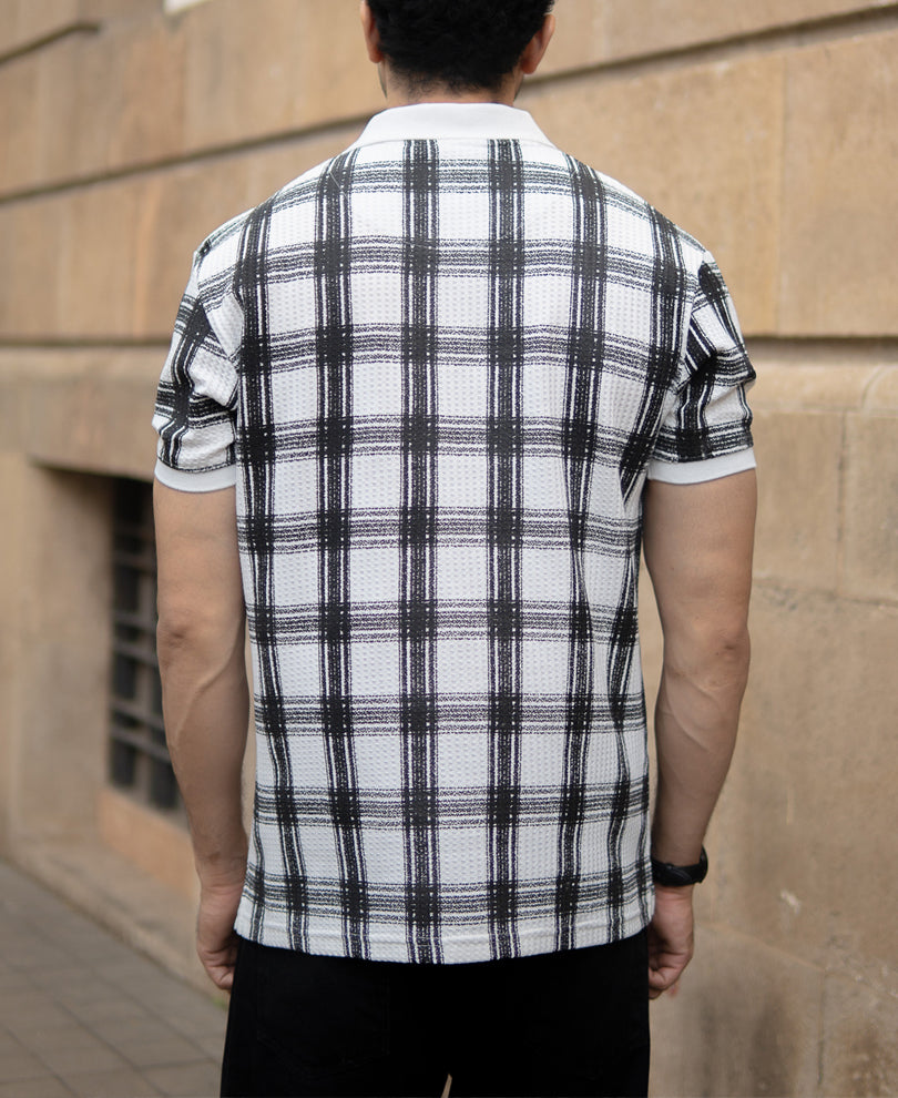 Black And White Printed Checks T-Shirt - Black