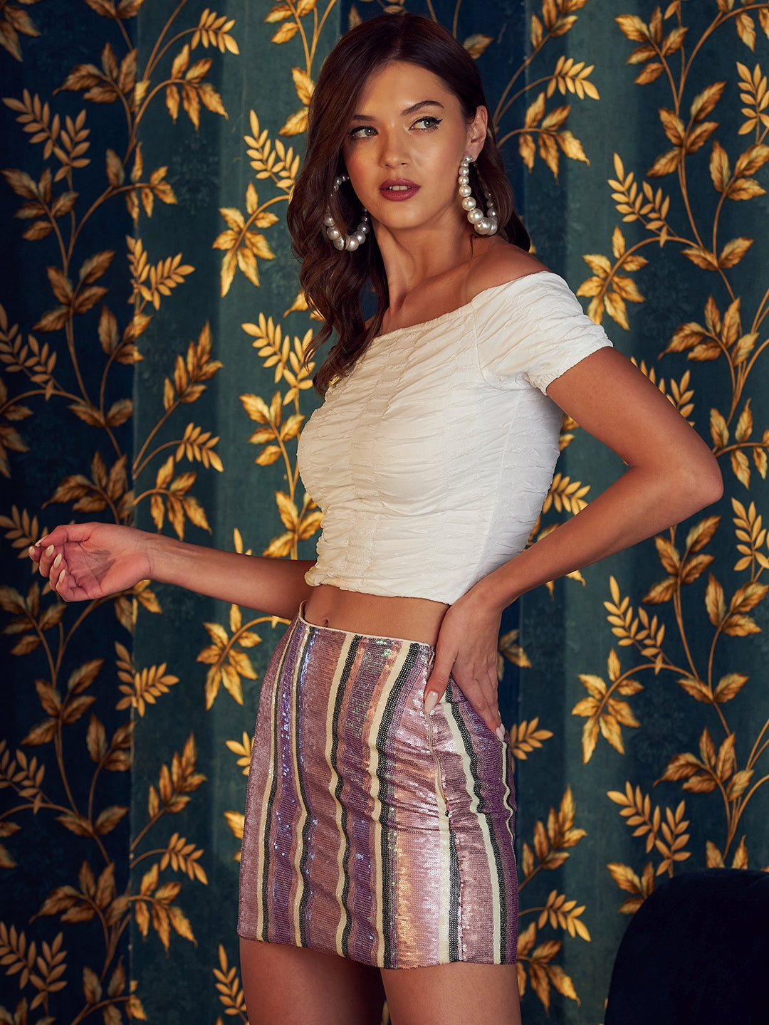 Athena Women Off-Shoulder Smocked Bardot Crop Top