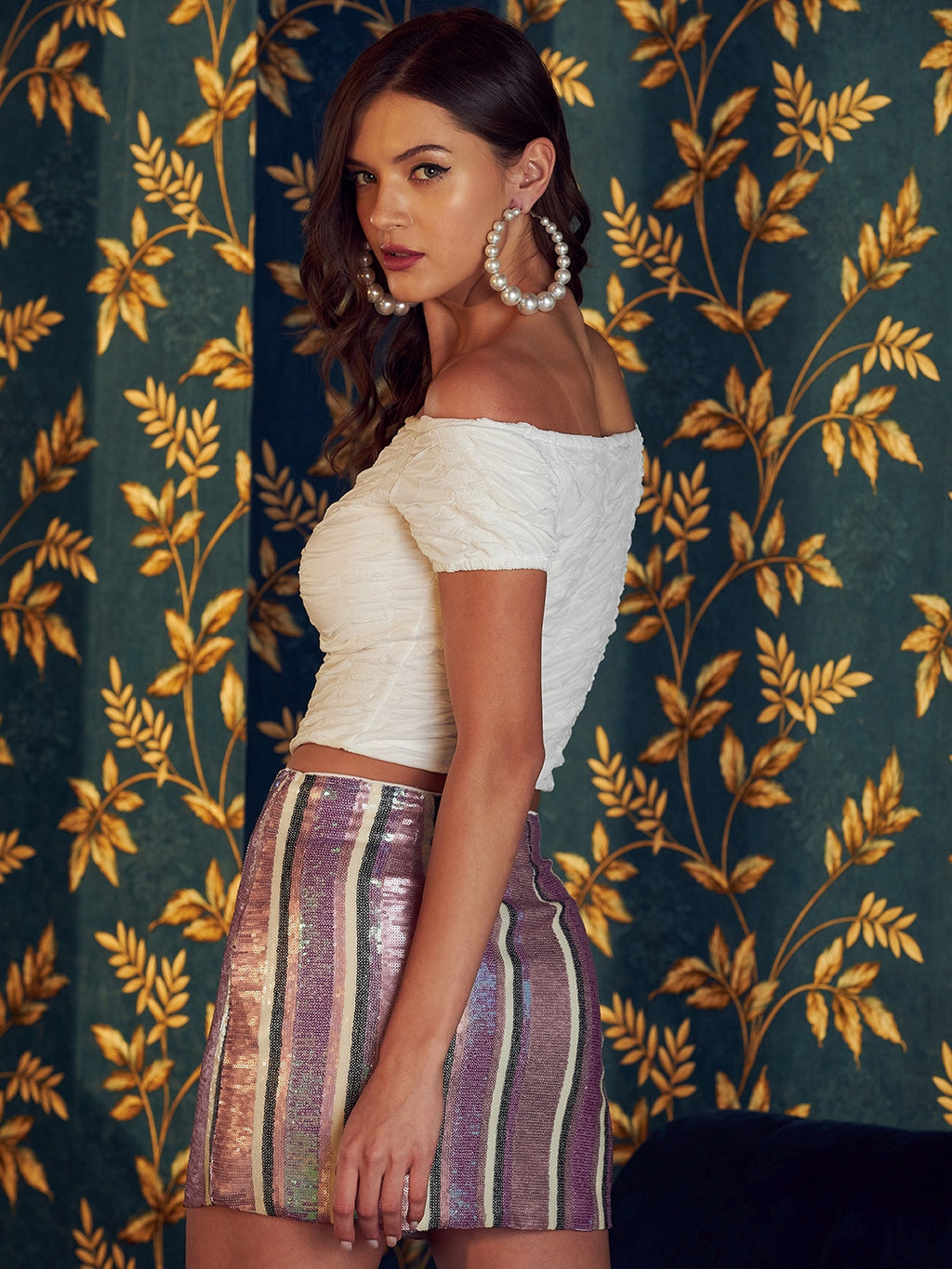 Athena Women Off-Shoulder Smocked Bardot Crop Top