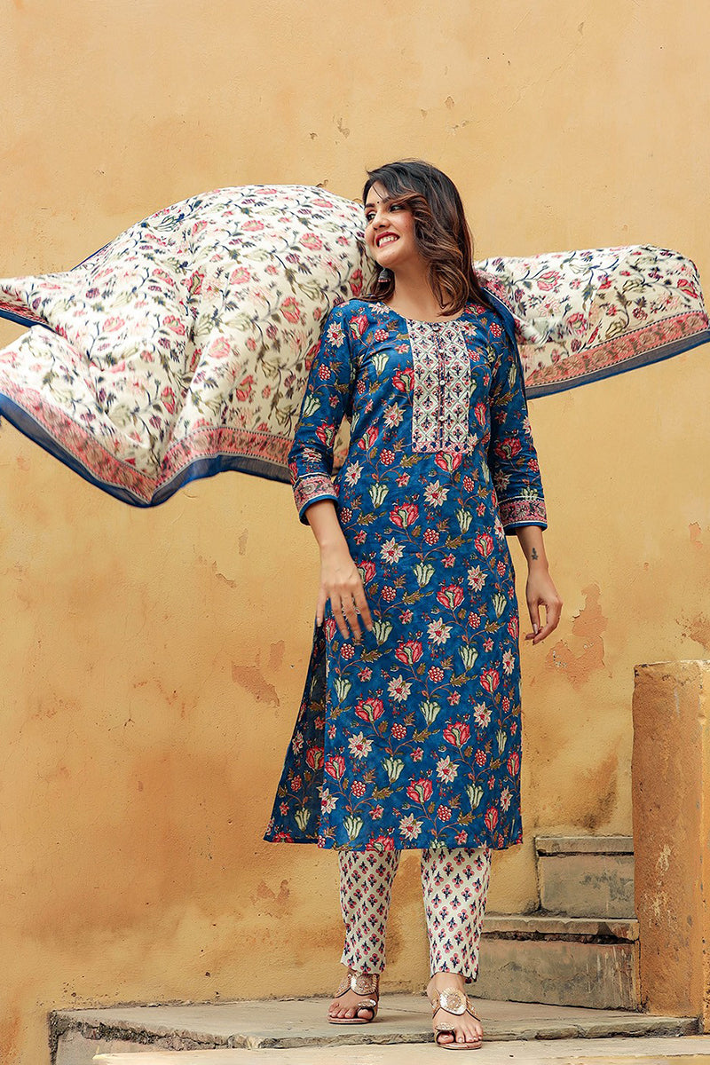 Blue Rayon Blend Floral Printed Straight Suit Set - Blue