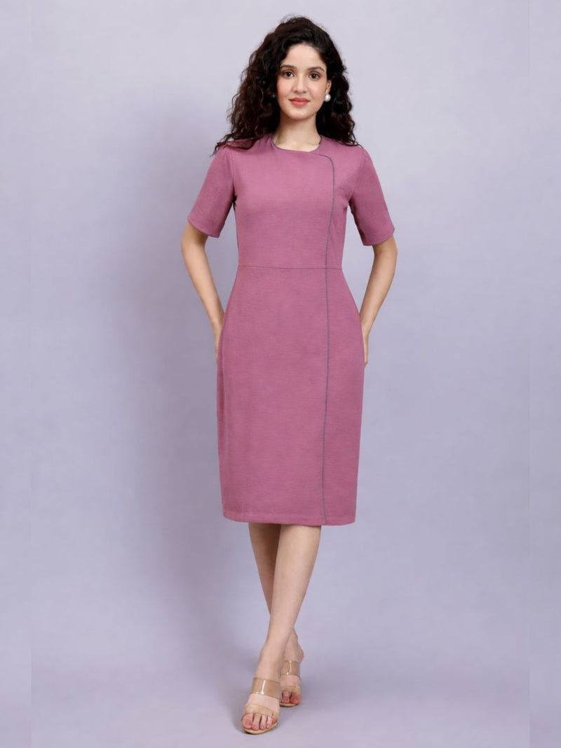 Women Pink Crush Satin Grey Contrast Piping Dress