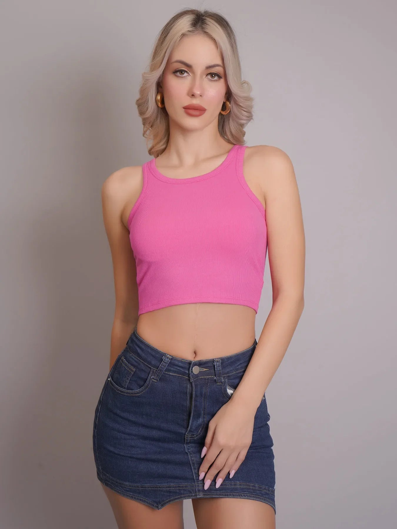 Padded Ribbed Crop Top - Pink