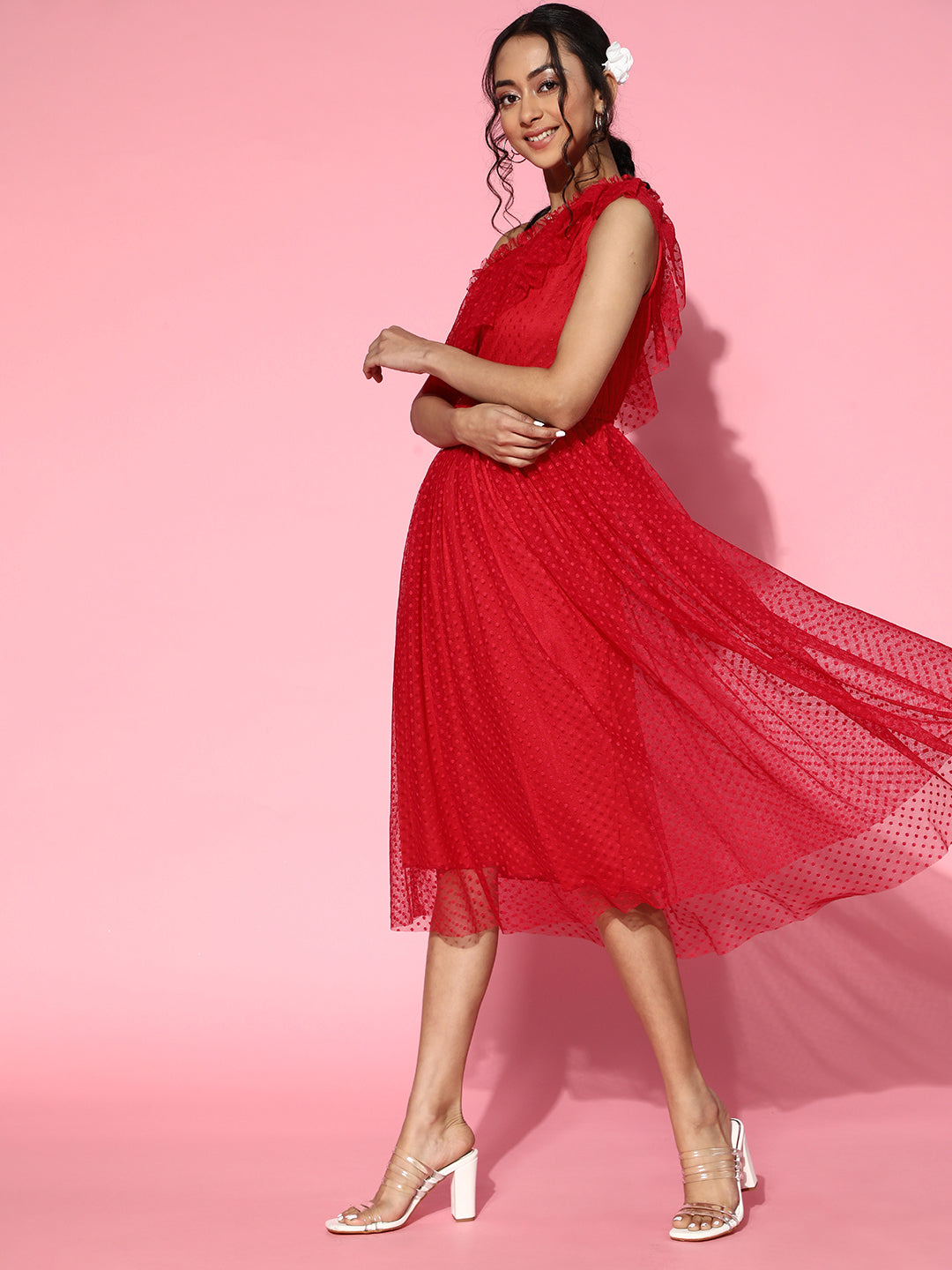 Athena Red one shoulder frill dobby Tulle dress