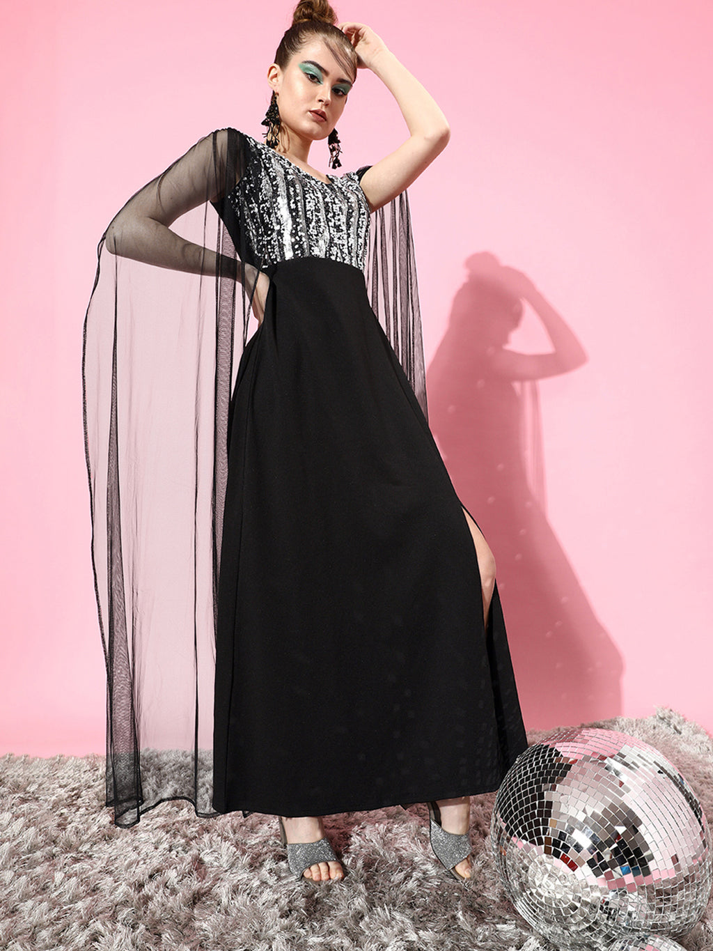 Athena Black Silver Coloured Embellished Sequin Cape Sleeves Net Maxi Dress