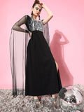 Athena Black Silver Coloured Embellished Sequin Cape Sleeves Net Maxi Dress