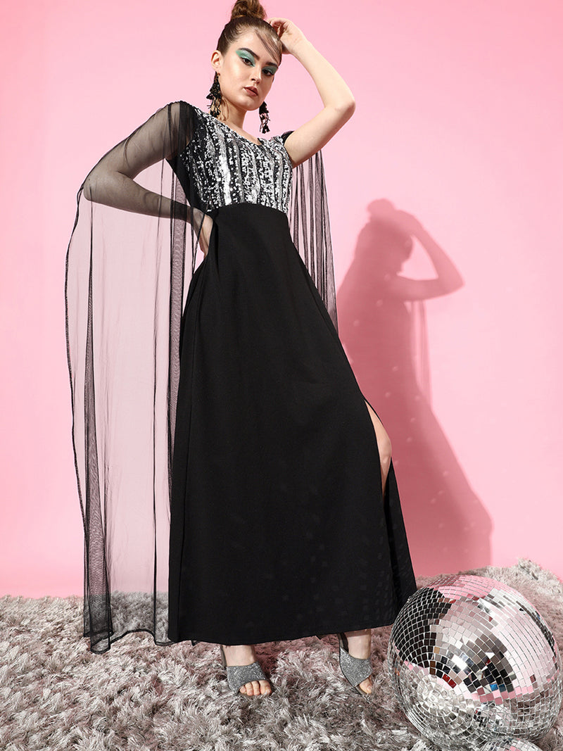 Athena Black Silver Coloured Embellished Sequin Cape Sleeves Net Maxi Dress