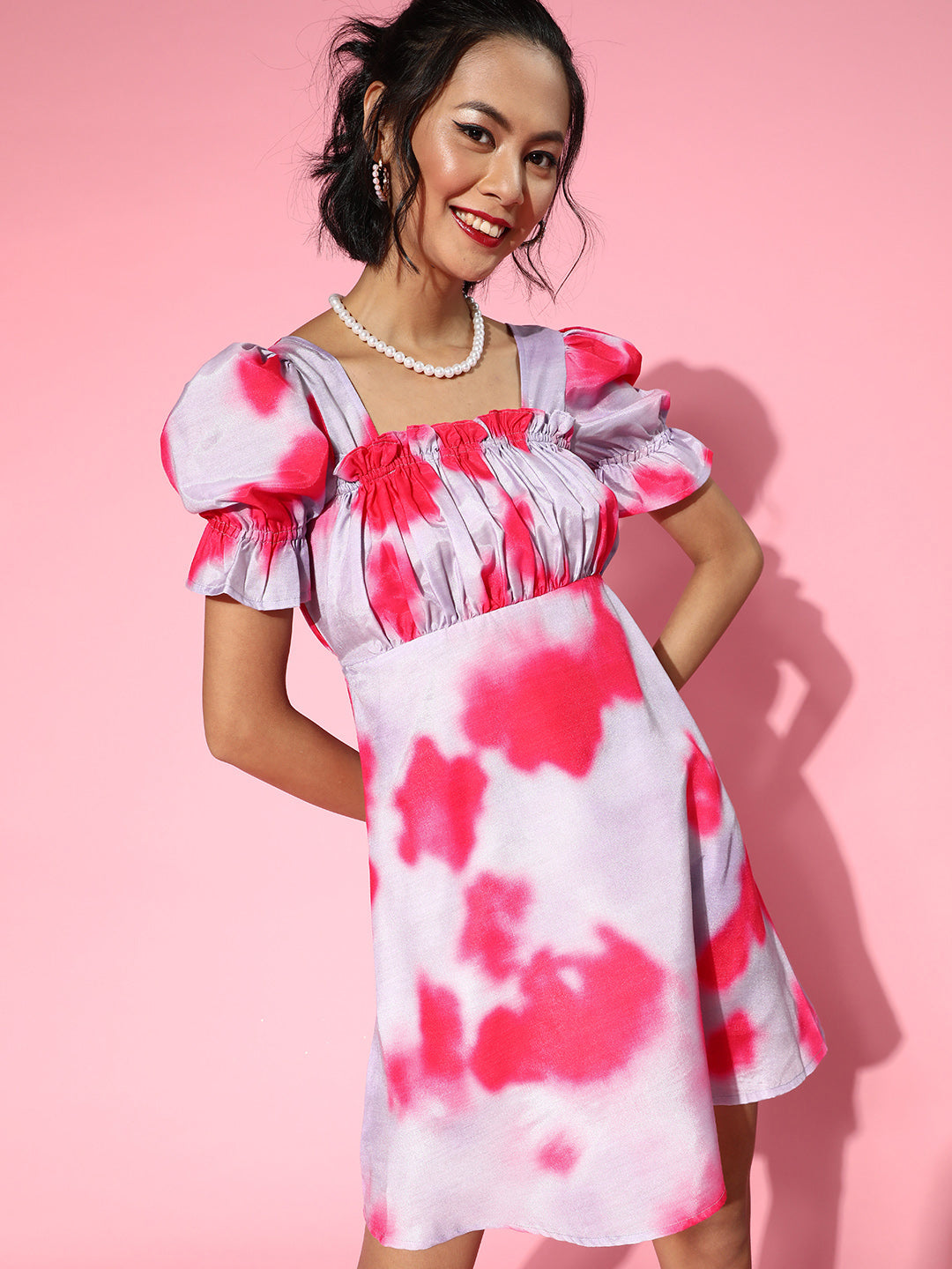 Athena Mauve Tie n Dye Puff Sleeve A line Dress