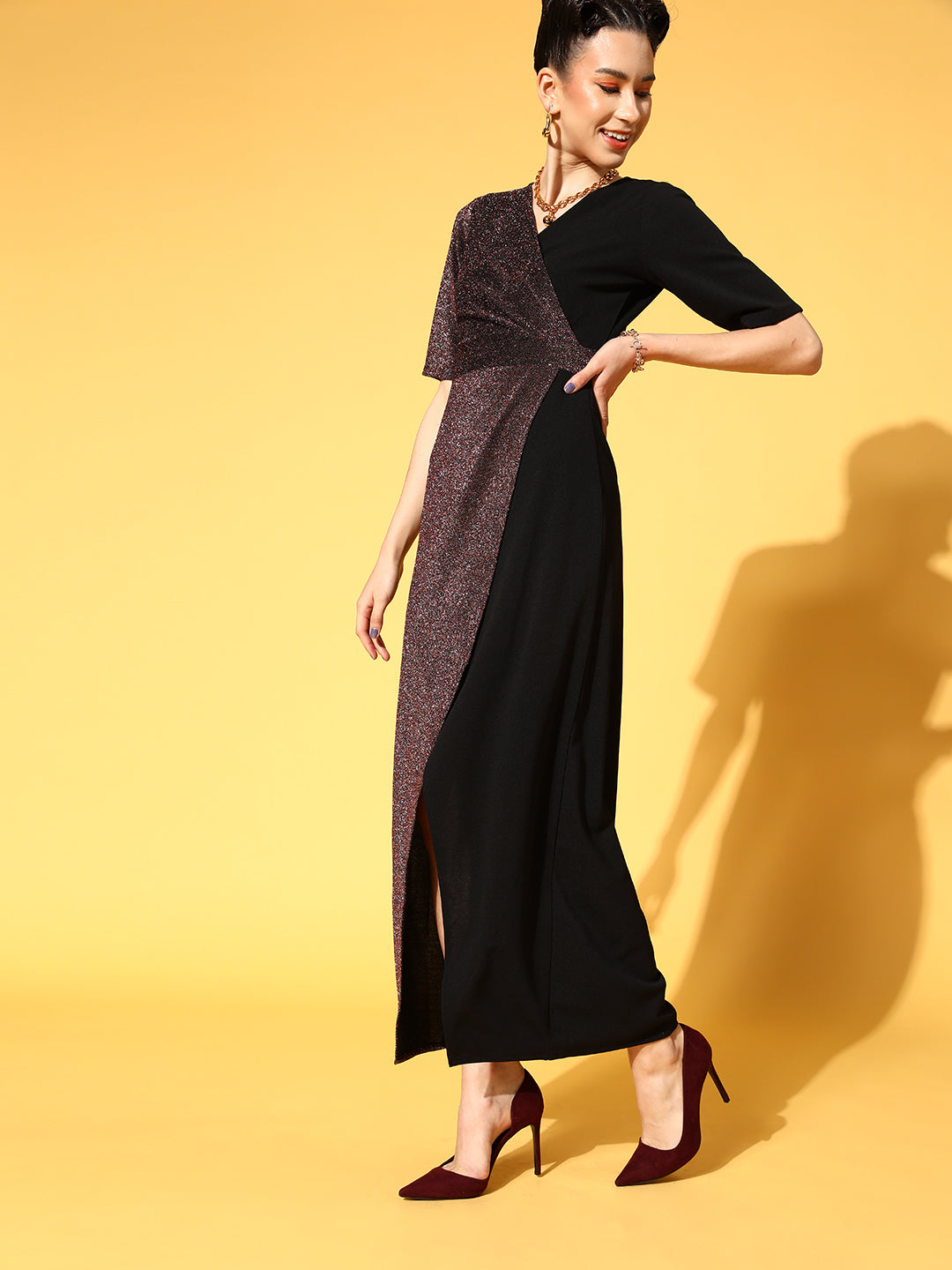 Athena Black Red Sparkle Color Blocking Dress